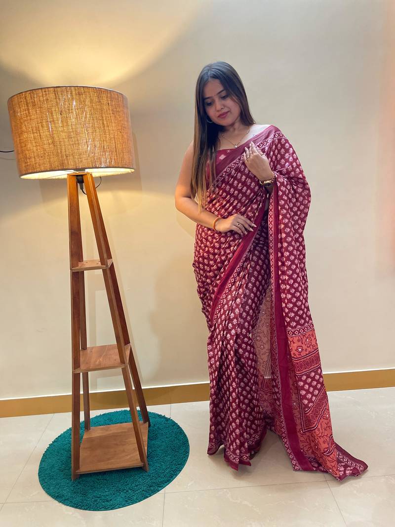 Pink Color Cotton Mulmul Bagru Hand Print Saree With Blouse Piece