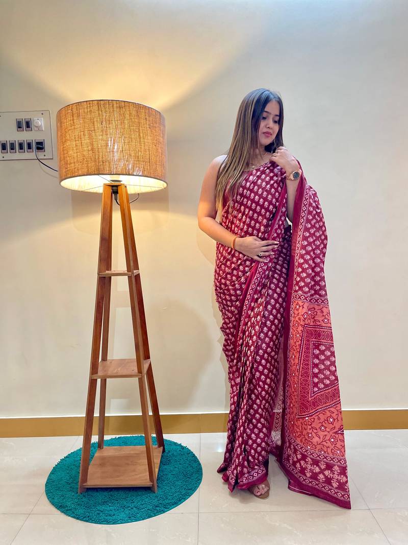 Pink Color Cotton Mulmul Bagru Hand Print Saree With Blouse Piece