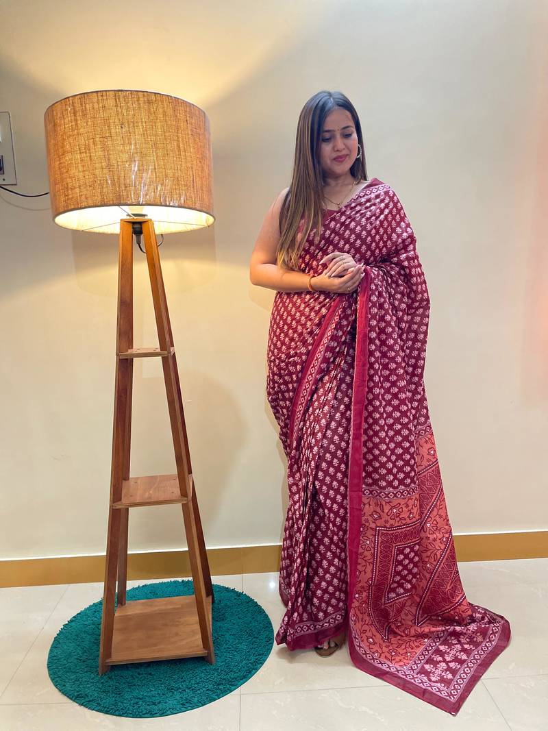 Pink Color Cotton Mulmul Bagru Hand Print Saree With Blouse Piece