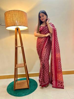 Pink Color Cotton Mulmul Bagru Hand Print Saree With Blouse Piece 6