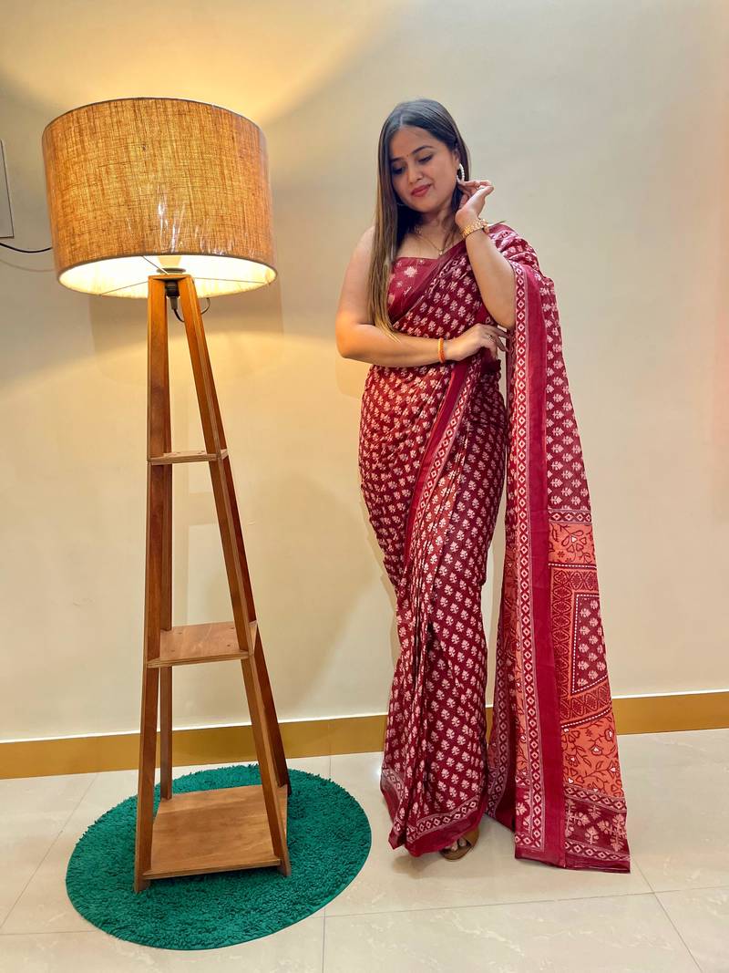 Pink Color Cotton Mulmul Bagru Hand Print Saree With Blouse Piece