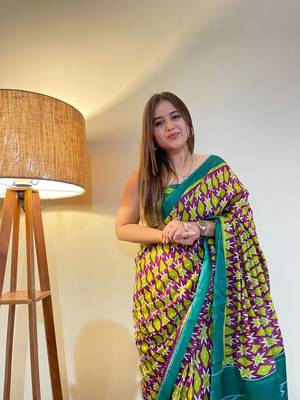 Multi Color Cotton Mulmul Bagru Hand Print Saree With Blouse Piece 1