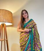 Multi Color Cotton Mulmul Bagru Hand Print Saree With Blouse Piece