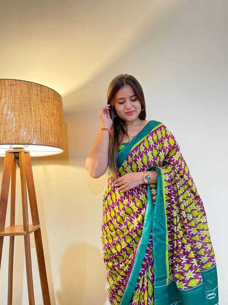 Multi Color Cotton Mulmul Bagru Hand Print Saree With Blouse Piece