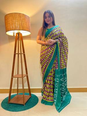 Multi Color Cotton Mulmul Bagru Hand Print Saree With Blouse Piece 3