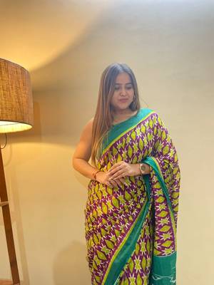 Multi Color Cotton Mulmul Bagru Hand Print Saree With Blouse Piece 4
