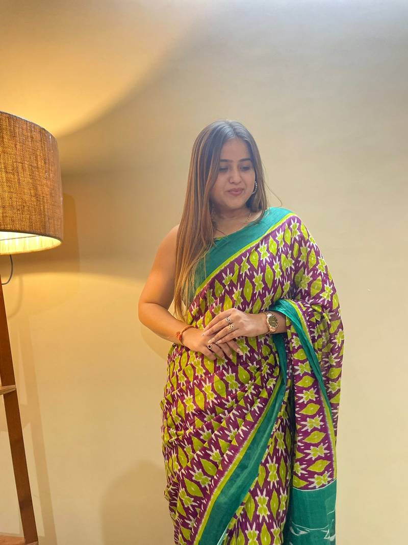 Multi Color Cotton Mulmul Bagru Hand Print Saree With Blouse Piece