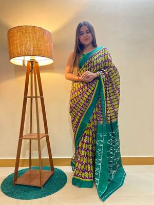Multi Color Cotton Mulmul Bagru Hand Print Saree With Blouse Piece 5