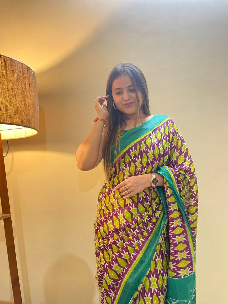 Multi Color Cotton Mulmul Bagru Hand Print Saree With Blouse Piece