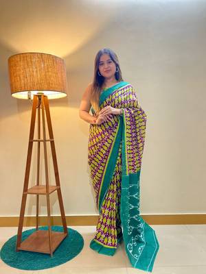 Multi Color Cotton Mulmul Bagru Hand Print Saree With Blouse Piece 7