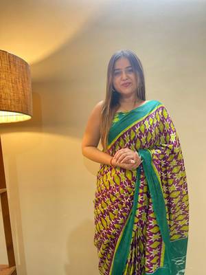 Multi Color Cotton Mulmul Bagru Hand Print Saree With Blouse Piece 8