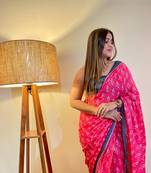 Pink Color Cotton Mulmul Bagru Hand Print Saree With Blouse Piece