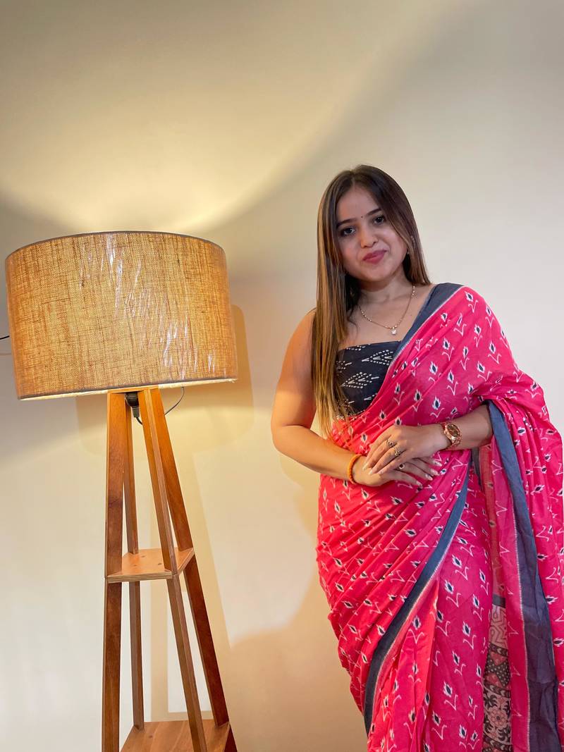 Pink Color Cotton Mulmul Bagru Hand Print Saree With Blouse Piece