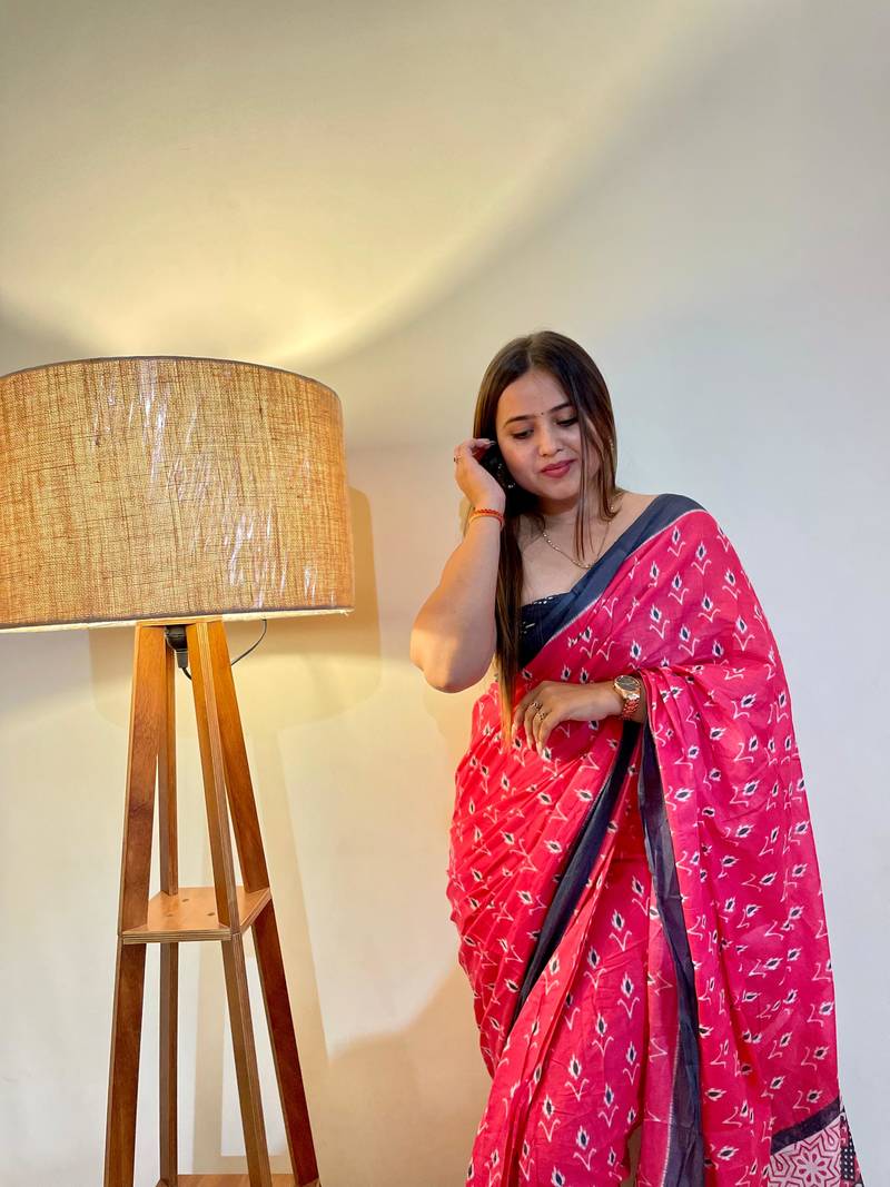 Pink Color Cotton Mulmul Bagru Hand Print Saree With Blouse Piece