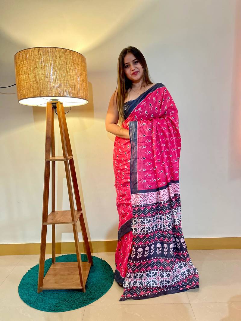 Pink Color Cotton Mulmul Bagru Hand Print Saree With Blouse Piece