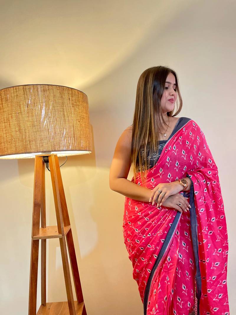Pink Color Cotton Mulmul Bagru Hand Print Saree With Blouse Piece