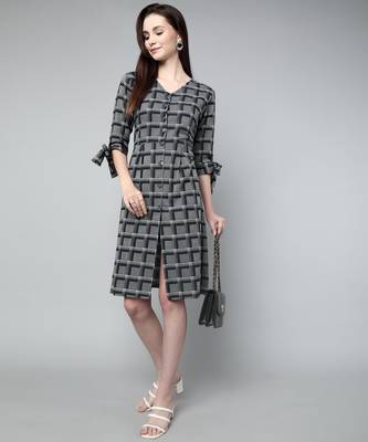 Anushil cotton checkerd flared sleeves v-neck with buttons knee length dress a-line kurti for girl's 1