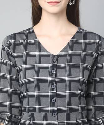Anushil cotton checkerd flared sleeves v-neck with buttons knee length dress a-line kurti for girl's 2