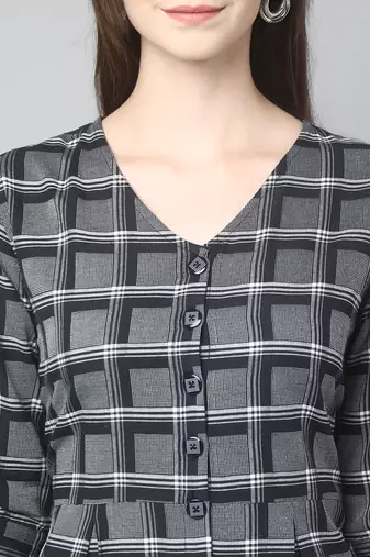 Anushil cotton checkerd flared sleeves v-neck with buttons knee length dress a-line kurti for girl's