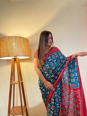 Blue Color Cotton Mulmul Bagru Hand Print Saree With Blouse Piece 1