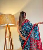 Blue Color Cotton Mulmul Bagru Hand Print Saree With Blouse Piece