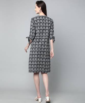 Anushil cotton checkerd flared sleeves v-neck with buttons knee length dress a-line kurti for girl's 3