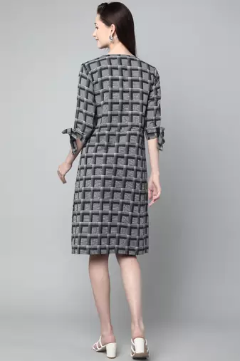 Anushil cotton checkerd flared sleeves v-neck with buttons knee length dress a-line kurti for girl's