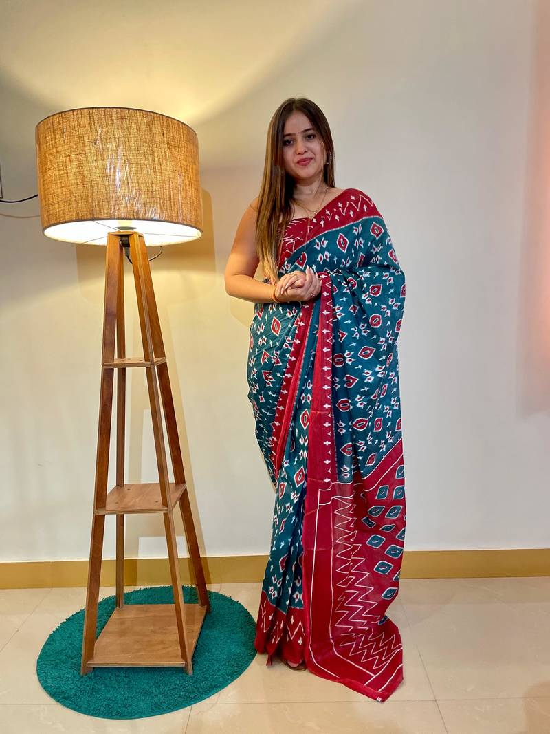 Blue Color Cotton Mulmul Bagru Hand Print Saree With Blouse Piece