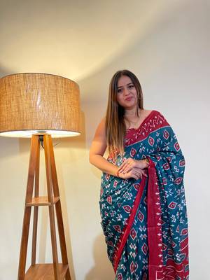 Blue Color Cotton Mulmul Bagru Hand Print Saree With Blouse Piece 3