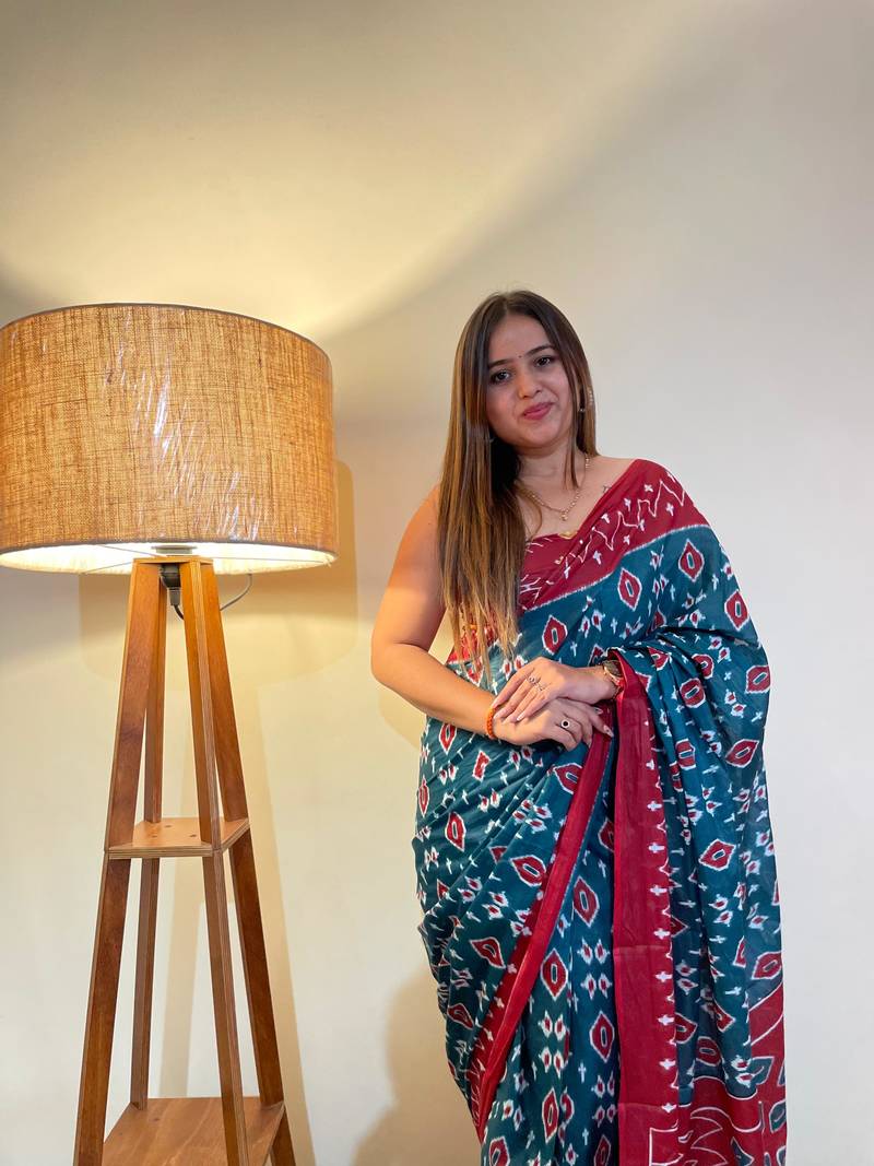 Blue Color Cotton Mulmul Bagru Hand Print Saree With Blouse Piece