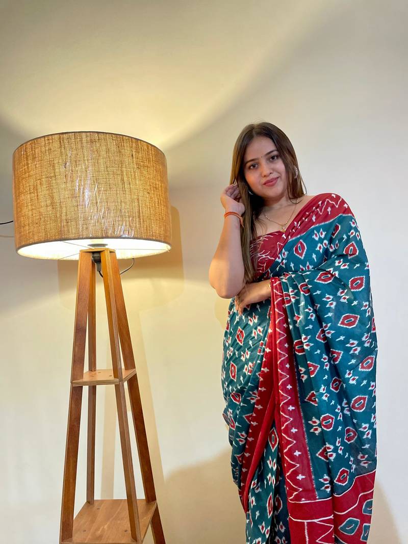 Blue Color Cotton Mulmul Bagru Hand Print Saree With Blouse Piece