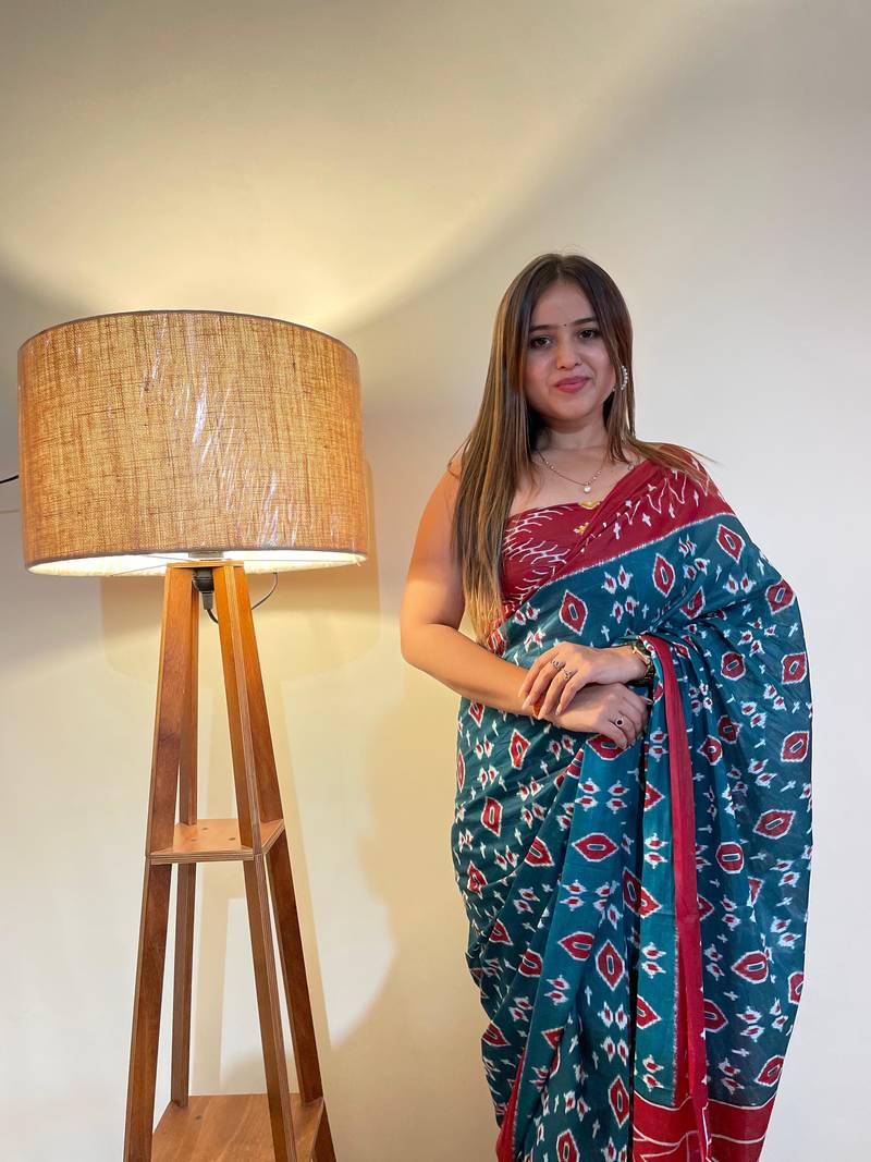 Blue Color Cotton Mulmul Bagru Hand Print Saree With Blouse Piece