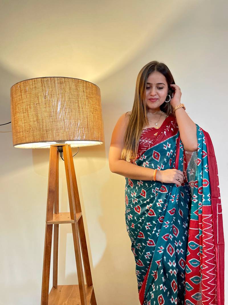 Blue Color Cotton Mulmul Bagru Hand Print Saree With Blouse Piece