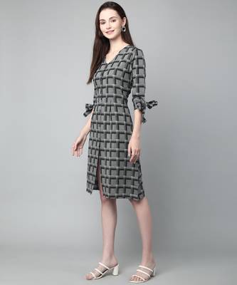 Anushil cotton checkerd flared sleeves v-neck with buttons knee length dress a-line kurti for girl's 4