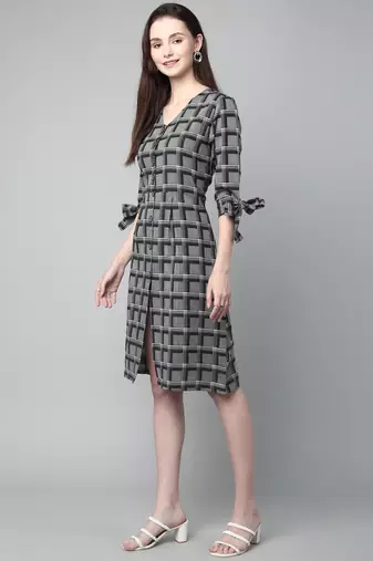 Anushil cotton checkerd flared sleeves v-neck with buttons knee length dress a-line kurti for girl's