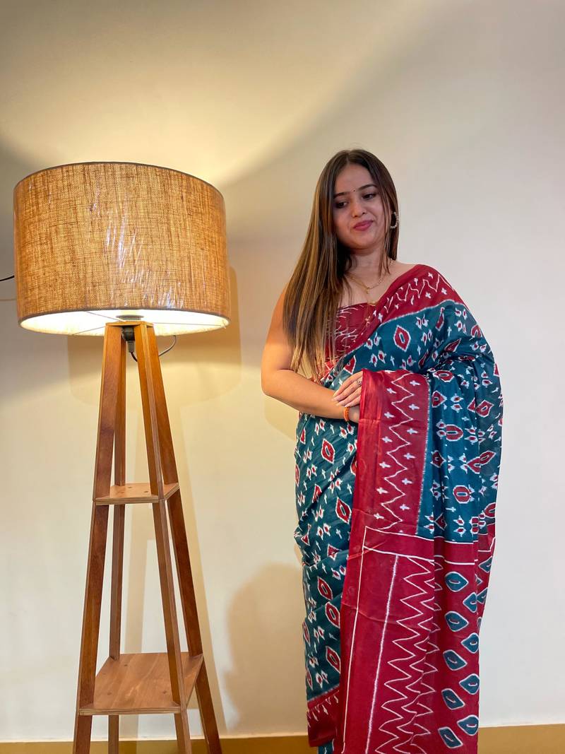 Blue Color Cotton Mulmul Bagru Hand Print Saree With Blouse Piece