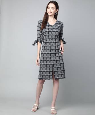 Anushil cotton checkerd flared sleeves v-neck with buttons knee length dress a-line kurti for girl's 5