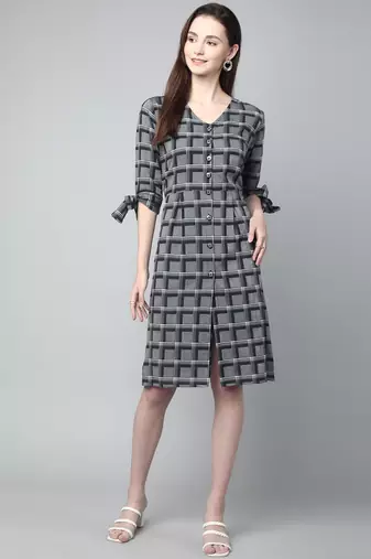 Anushil cotton checkerd flared sleeves v-neck with buttons knee length dress a-line kurti for girl's