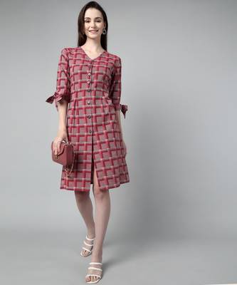 Anushil cotton checkerd flared sleeves v-neck with buttons knee length dress a-line kurti for girl's 1