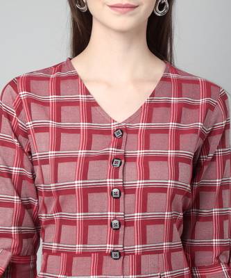Anushil cotton checkerd flared sleeves v-neck with buttons knee length dress a-line kurti for girl's 2