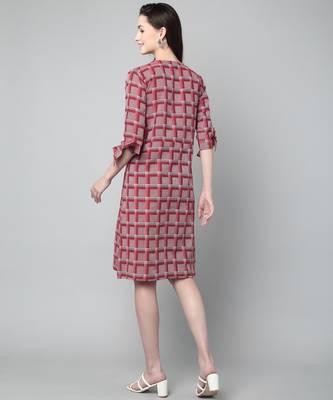 Anushil cotton checkerd flared sleeves v-neck with buttons knee length dress a-line kurti for girl's 3
