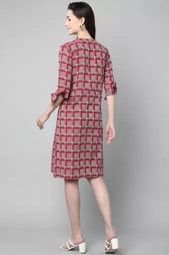 Anushil cotton checkerd flared sleeves v-neck with buttons knee length dress a-line kurti for girl's