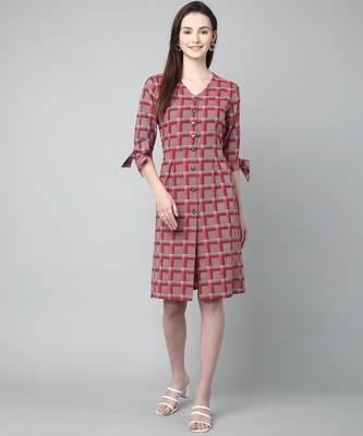 Anushil cotton checkerd flared sleeves v-neck with buttons knee length dress a-line kurti for girl's 4