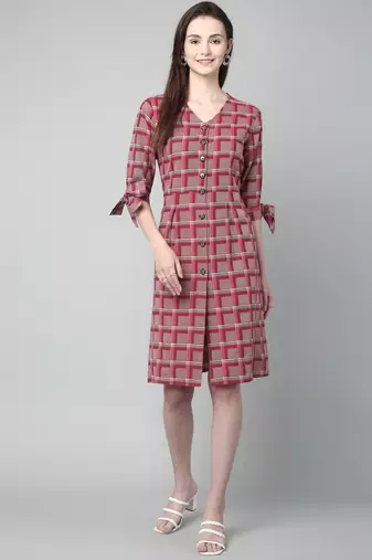 Anushil cotton checkerd flared sleeves v-neck with buttons knee length dress a-line kurti for girl's