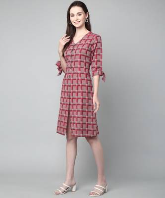 Anushil cotton checkerd flared sleeves v-neck with buttons knee length dress a-line kurti for girl's 5