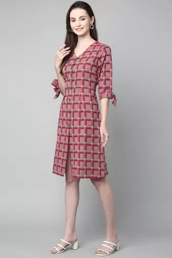 Anushil cotton checkerd flared sleeves v-neck with buttons knee length dress a-line kurti for girl's