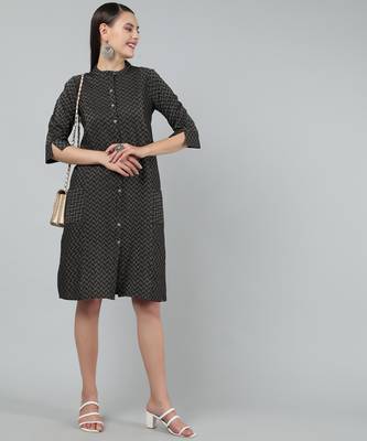 Anushil women cotton golden weaved mandarin collar one peice knee length kurta dress with buttons 1