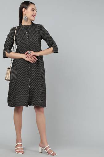 Anushil women cotton golden weaved mandarin collar one peice knee length kurta dress with buttons