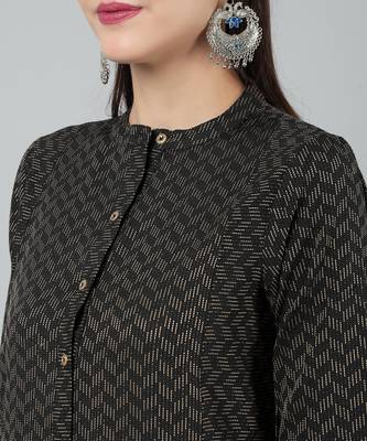 Anushil women cotton golden weaved mandarin collar one peice knee length kurta dress with buttons 2