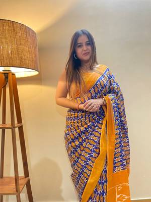 Blue Color Cotton Mulmul Bagru Hand Print Saree With Blouse Piece 1